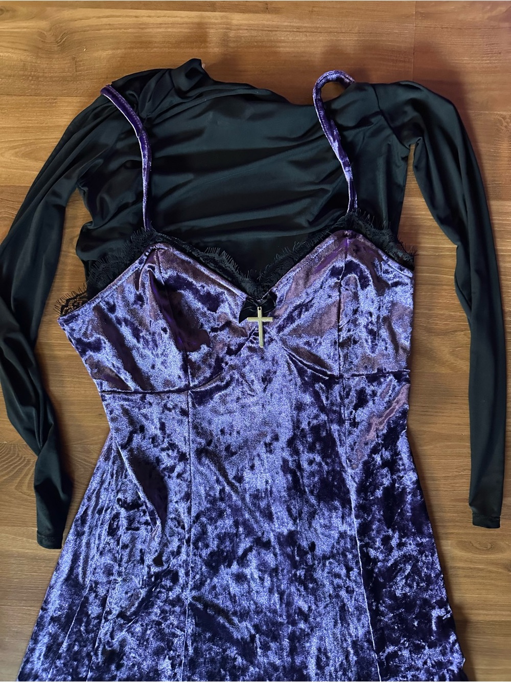 Cosmic Aura Purple Crushed Velvet Midi Slip Dress with Lace Trim Long Sleeved - Picture 3 of 10